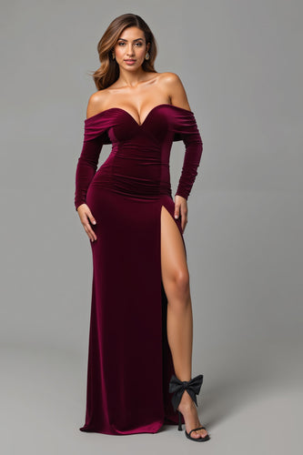 Burgunderrot Samt Schulterfrei Lang Ballkleid mit Schlitz