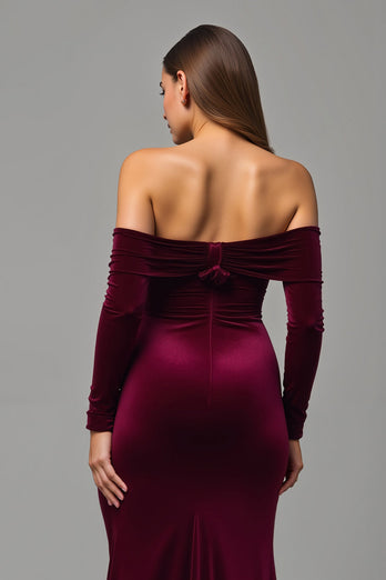 Burgunderrot Samt Schulterfrei Lang Ballkleid mit Schlitz