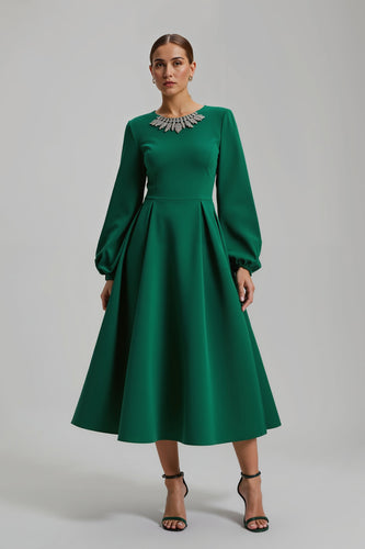 Glitzernd Dunkelgrün Langarm Ballkleid mit Perlen