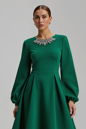 Glitzernd Dunkelgrün Langarm Ballkleid mit Perlen