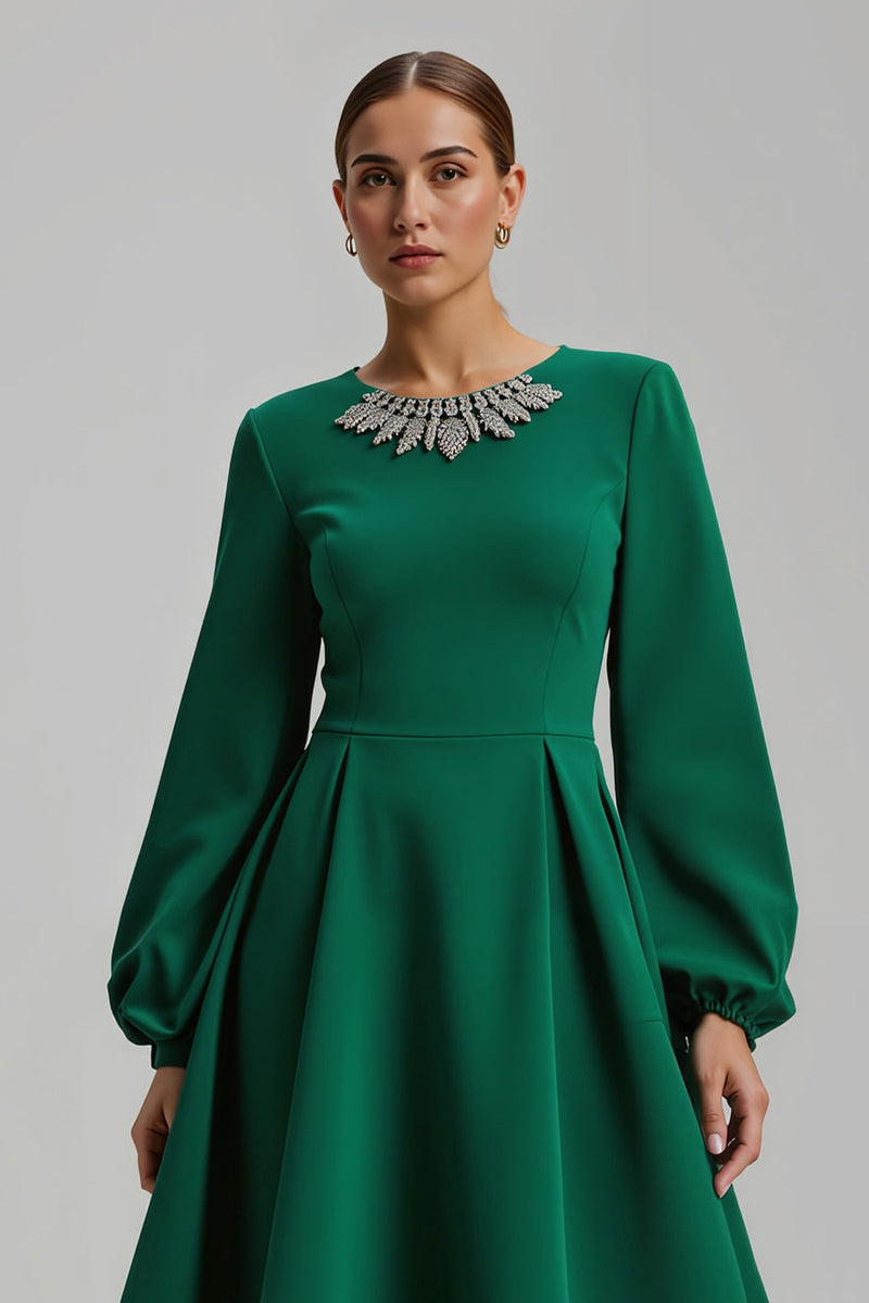 Laden Sie das Bild in den Galerie-Viewer, Glitzernd Dunkelgrün Langarm Ballkleid mit Perlen