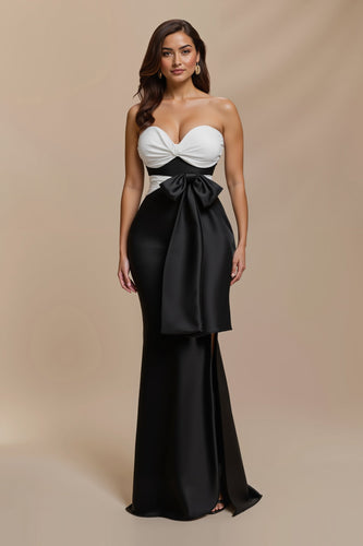 Schwarz und Weiß Patchwork Herz-Ausschnitt Satin Lang Abendkleid mit Schleife
