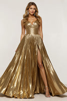Laden Sie das Bild in den Galerie-Viewer, Glitzernd Golden A Linie Metallic Lang Ballkleid mit Schlitz