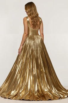 Glitzernd Golden A Linie Metallic Lang Ballkleid mit Schlitz
