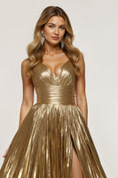 Laden Sie das Bild in den Galerie-Viewer, Glitzernd Golden A Linie Metallic Lang Ballkleid mit Schlitz