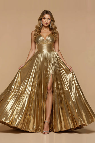 Metallic Golden A-Linie V-Ausschnitt Falten Lang Ballkleid mit Schlitz