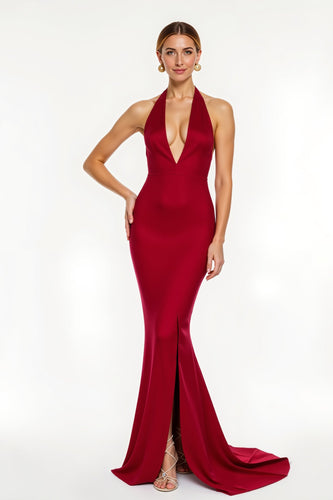 Rot Satin Meerjungfrau Lang Ballkleid mit Schlitz