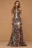 Laden Sie das Bild in den Galerie-Viewer, Glitzernd Golden Leopardenmuster Etui Lang Ballkleid mit Schlitz