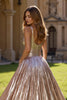 Laden Sie das Bild in den Galerie-Viewer, Golden Metallic V-Ausschnitt A-Linie Lang Ballkleid mit Schlitz