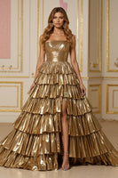 Laden Sie das Bild in den Galerie-Viewer, Glitzernd Golden Metallic A-Linie Stufig Lang Ballkleid mit Schlitz