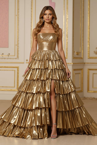 Glitzernd Golden Metallic A-Linie Stufig Lang Ballkleid mit Schlitz