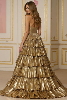 Glitzernd Golden Metallic A-Linie Stufig Lang Ballkleid mit Schlitz
