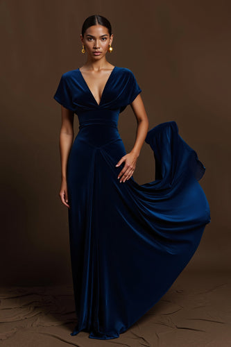 Königsblau A-Linie V-Ausschnitt Lang Ballkleid mit Ärmeln