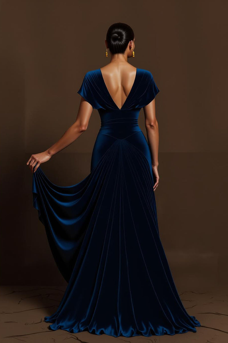 Laden Sie das Bild in den Galerie-Viewer, Königsblau A-Linie V-Ausschnitt Lang Ballkleid mit Ärmeln