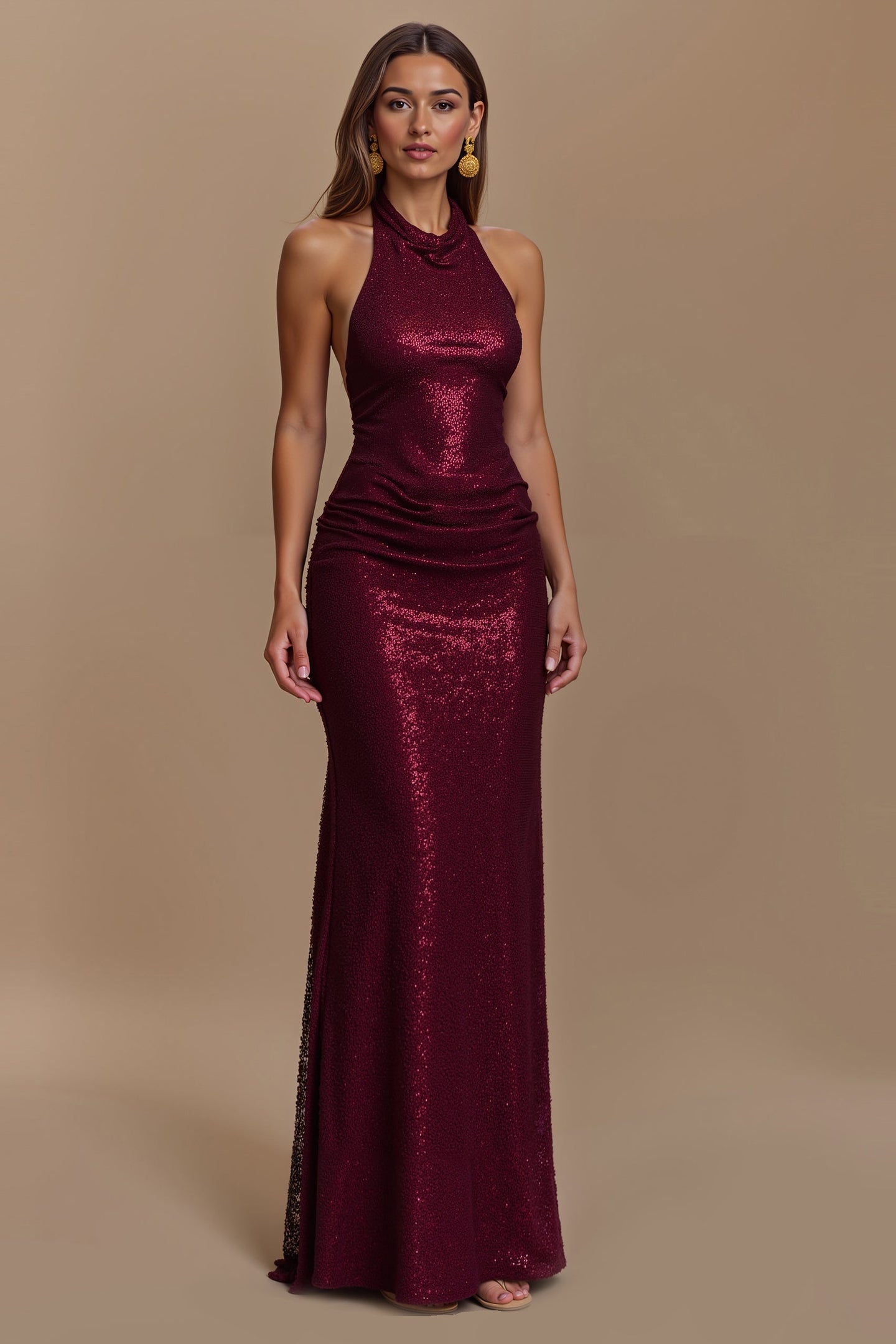 Glitzernd Burgunderrot Etui Gerafft Neckholder Lang Ballkleid
