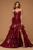 Laden Sie das Bild in den Galerie-Viewer, Metallic Burgunderrot Herz-Ausschnitt Stufig Lang Ballkleid mit Schlitz