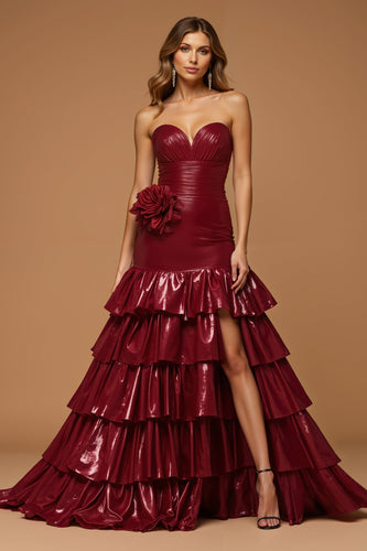 Metallic Burgunderrot Herz-Ausschnitt Stufig Lang Ballkleid mit Schlitz
