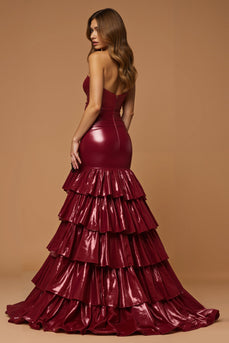 Metallic Burgunderrot Herz-Ausschnitt Stufig Lang Ballkleid mit Schlitz