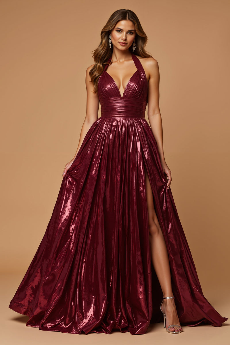 Laden Sie das Bild in den Galerie-Viewer, Metallic Burgunderrot Neckholder A-Linie Lang Ballkleid mit Schlitz