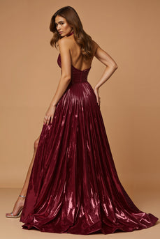 Metallic Burgunderrot Neckholder A-Linie Lang Ballkleid mit Schlitz