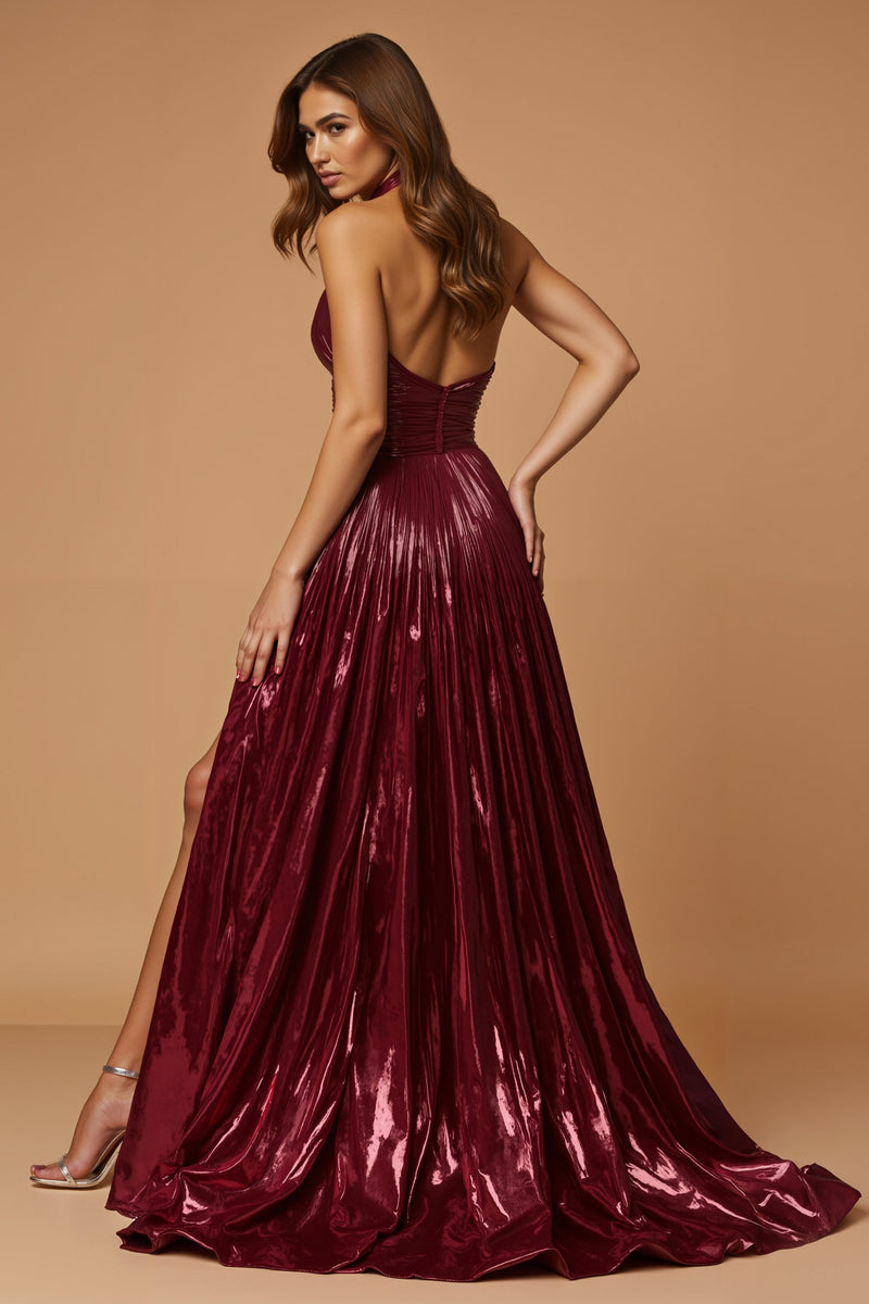 Laden Sie das Bild in den Galerie-Viewer, Metallic Burgunderrot Neckholder A-Linie Lang Ballkleid mit Schlitz