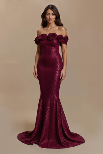 Glitzernd Burgunderrot Schulterfrei Lang Ballkleid mit 3D-Blume