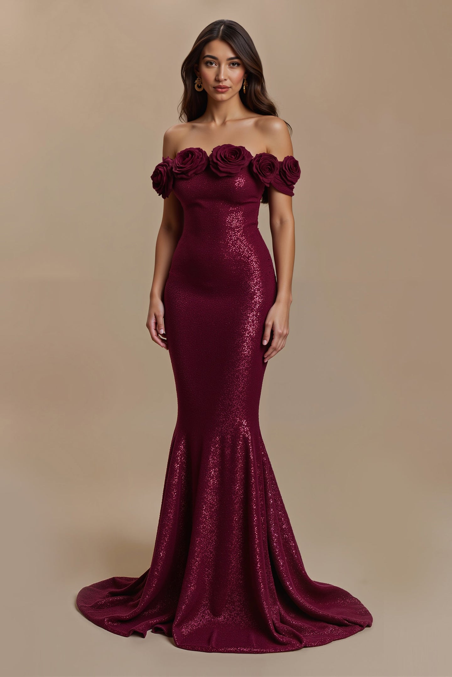 Glitzernd Burgunderrot Schulterfrei Lang Ballkleid mit 3D-Blume
