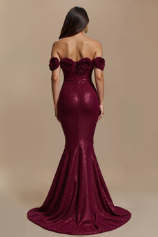 Glitzernd Burgunderrot Schulterfrei Lang Ballkleid mit 3D-Blume