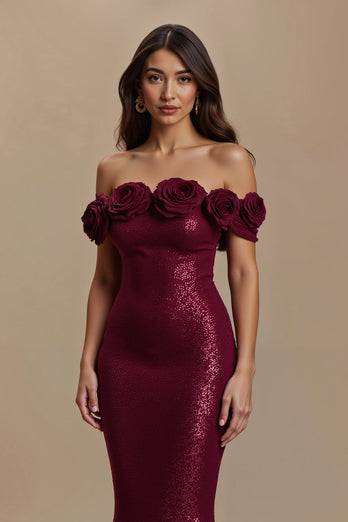 Glitzernd Burgunderrot Schulterfrei Lang Ballkleid mit 3D-Blume