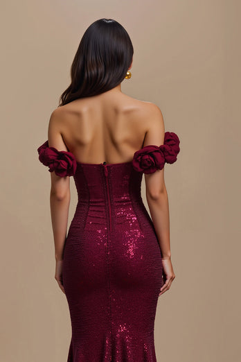 Glitzernd Burgunderrot Meerjungfrau Lang Ballkleid mit 3D-Blumen