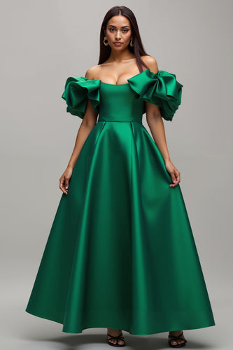 Dunkelgrün Satin A-Linie Lang Ballkleid mit Ärmeln