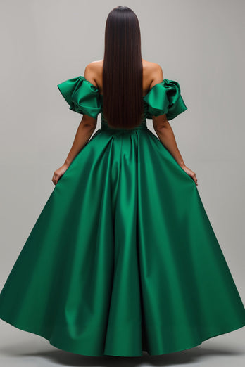 Dunkelgrün Satin A-Linie Lang Ballkleid mit Ärmeln