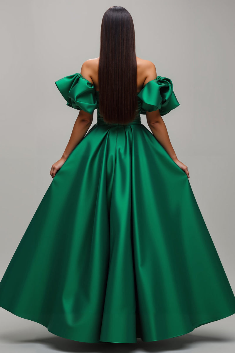 Laden Sie das Bild in den Galerie-Viewer, Dunkelgrün Satin A-Linie Lang Ballkleid mit Ärmeln