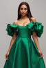 Laden Sie das Bild in den Galerie-Viewer, Dunkelgrün Satin A-Linie Lang Ballkleid mit Ärmeln