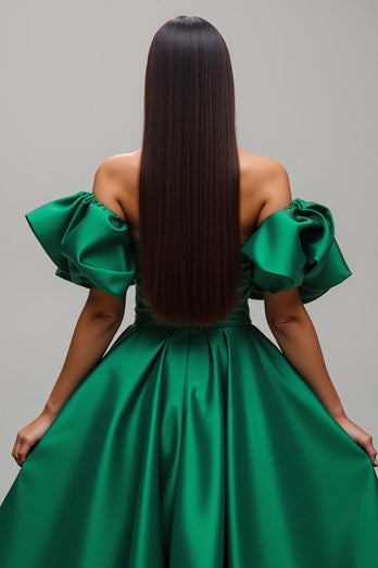 Dunkelgrün Satin A-Linie Lang Ballkleid mit Ärmeln