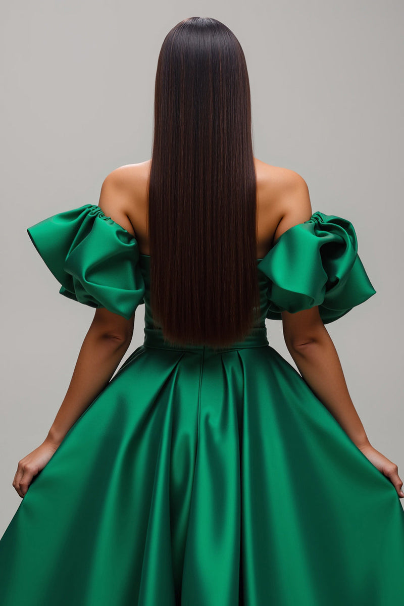 Laden Sie das Bild in den Galerie-Viewer, Dunkelgrün Satin A-Linie Lang Ballkleid mit Ärmeln