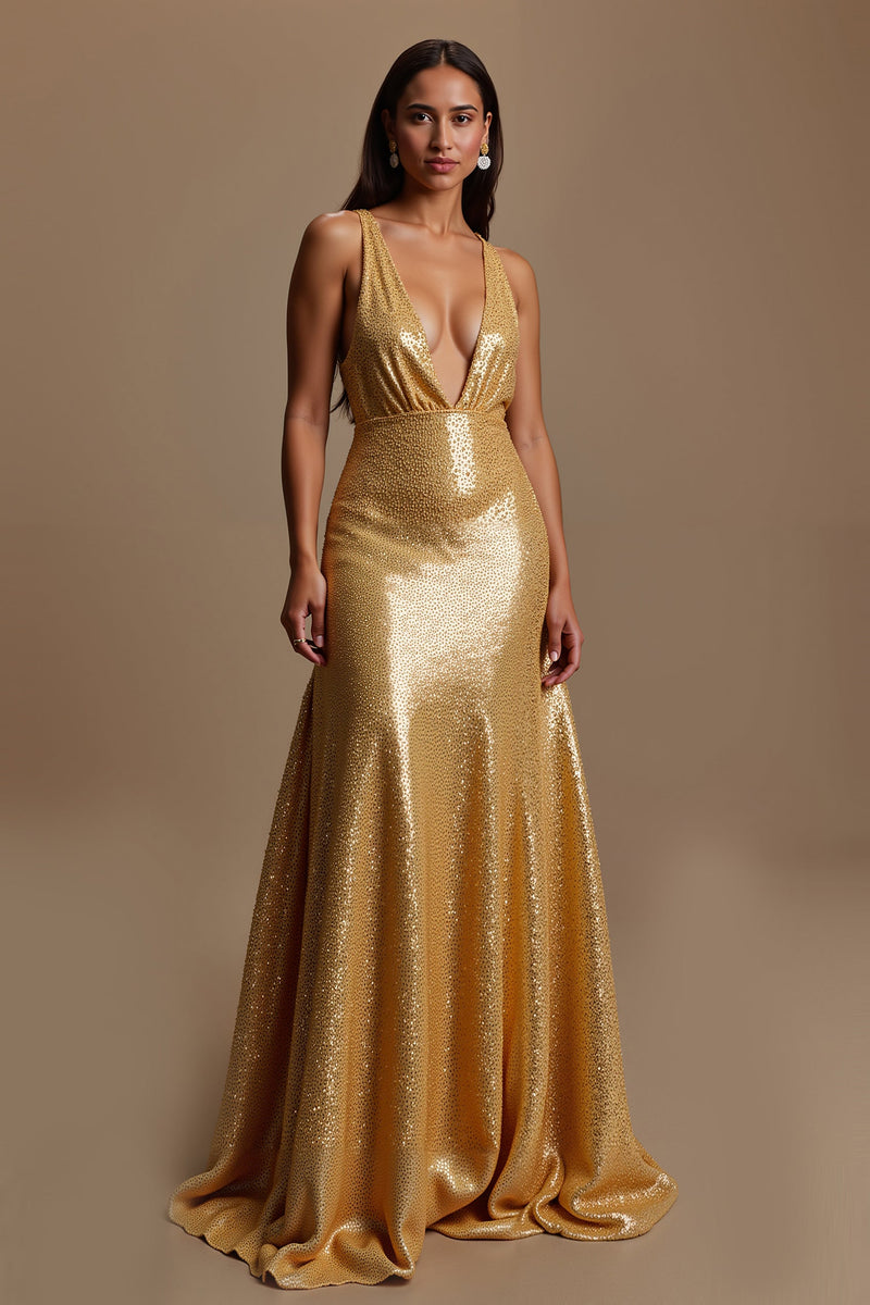 Laden Sie das Bild in den Galerie-Viewer, Glitzernd Gold Meerjungfrau V-Ausschnitt Lang Ballkleid