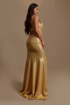 Glitzernd Gold Meerjungfrau V-Ausschnitt Lang Ballkleid