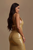 Laden Sie das Bild in den Galerie-Viewer, Glitzernd Gold Meerjungfrau V-Ausschnitt Lang Ballkleid