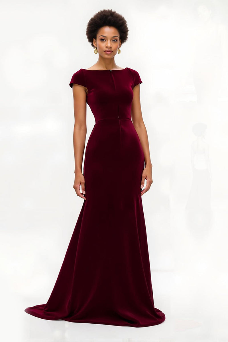 Laden Sie das Bild in den Galerie-Viewer, Burgunderrot Boot-Ausschnitt Lang Feiertags Party Kleid mit Ärmeln