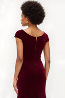 Laden Sie das Bild in den Galerie-Viewer, Burgunderrot Boot-Ausschnitt Lang Feiertags Party Kleid mit Ärmeln