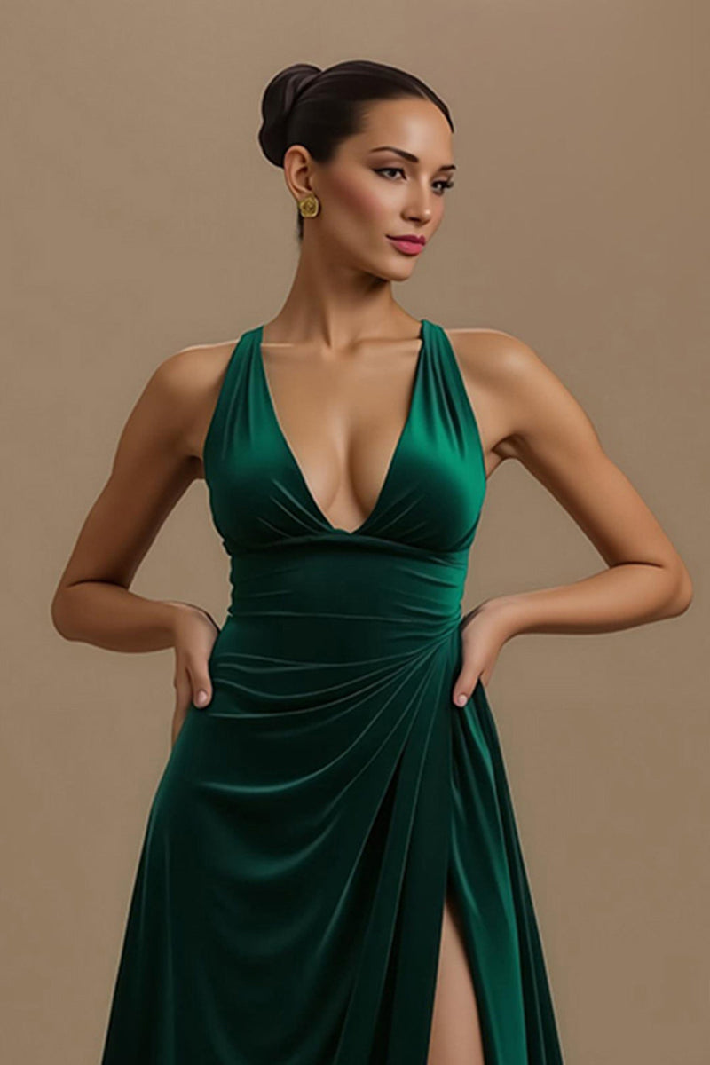 Laden Sie das Bild in den Galerie-Viewer, Dunkelgrün V-Ausschnitt Rüschen Lang Ballkleid mit Schlitz
