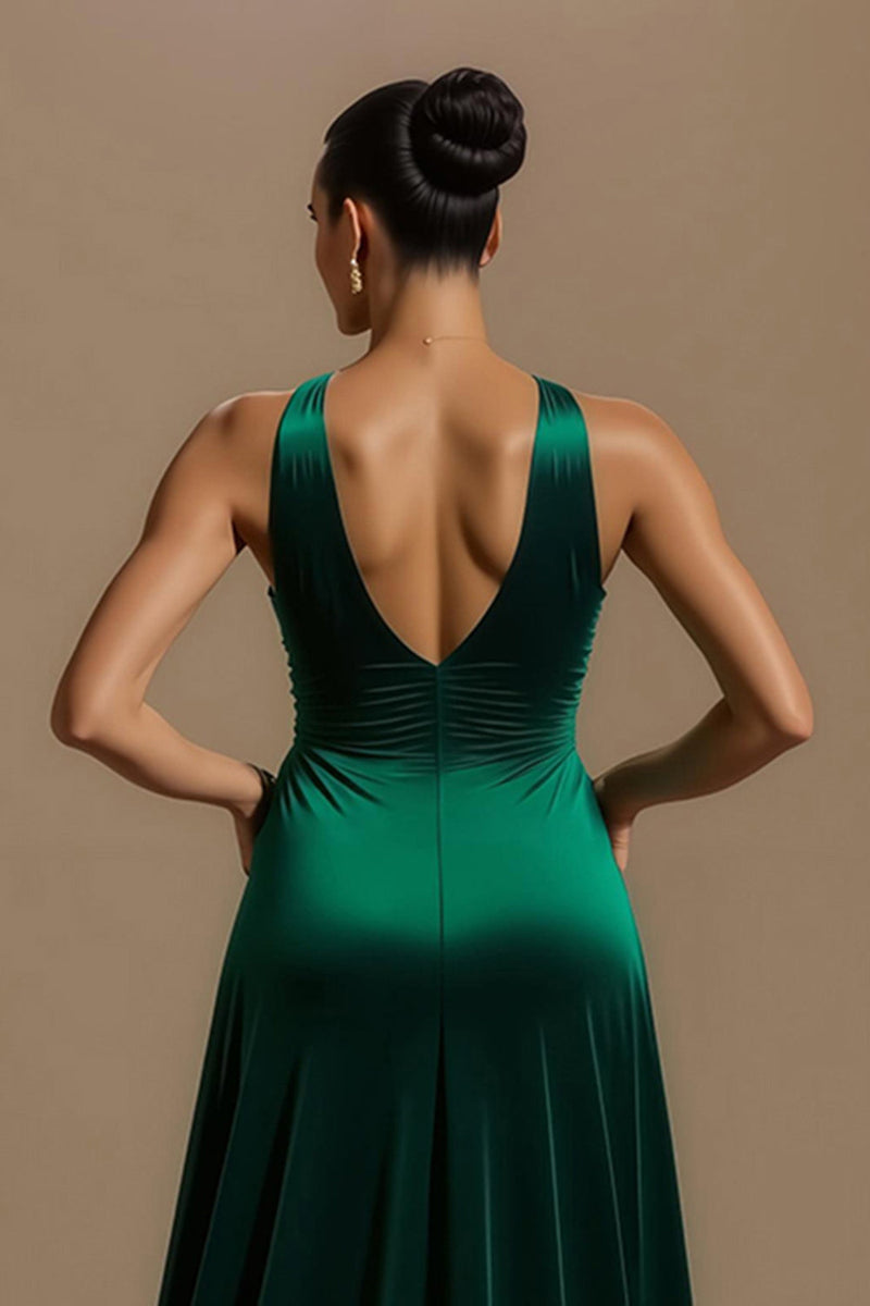 Laden Sie das Bild in den Galerie-Viewer, Dunkelgrün V-Ausschnitt Rüschen Lang Ballkleid mit Schlitz