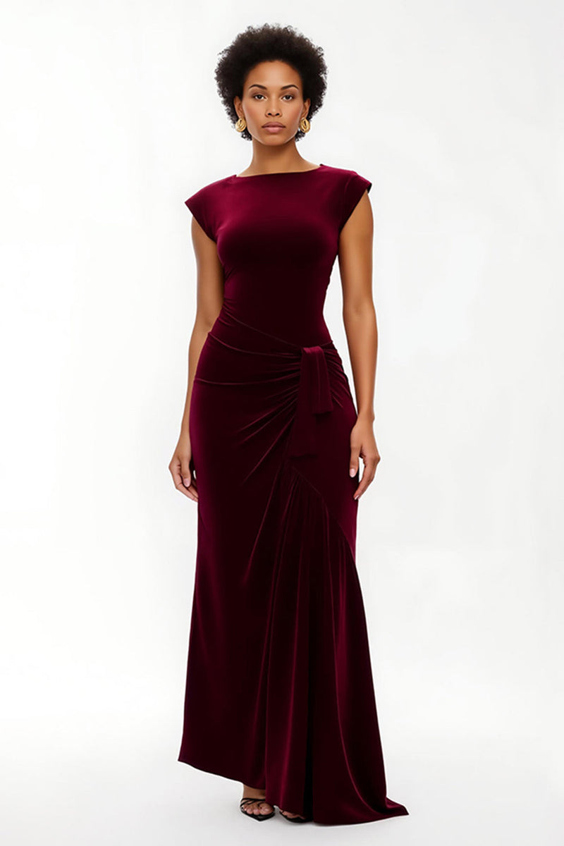 Laden Sie das Bild in den Galerie-Viewer, Einfaches Burgunderrot Sheath Asymmetrisches Lang Feiertags Party Kleid