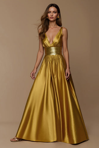 Golden Tief-V-Ausschnitt A-Linie Lang Abiballkleid