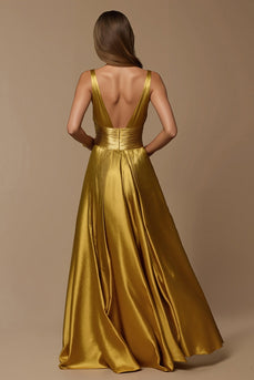 Golden Tief-V-Ausschnitt A-Linie Lang Abiballkleid