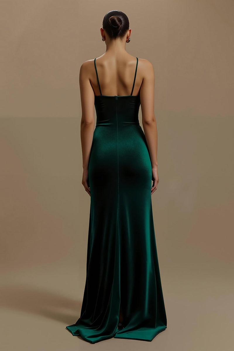 Laden Sie das Bild in den Galerie-Viewer, Dunkelgrün Spaghetti-Träger Lang Rüschen Feiertagsparty Kleid mit Schlitz
