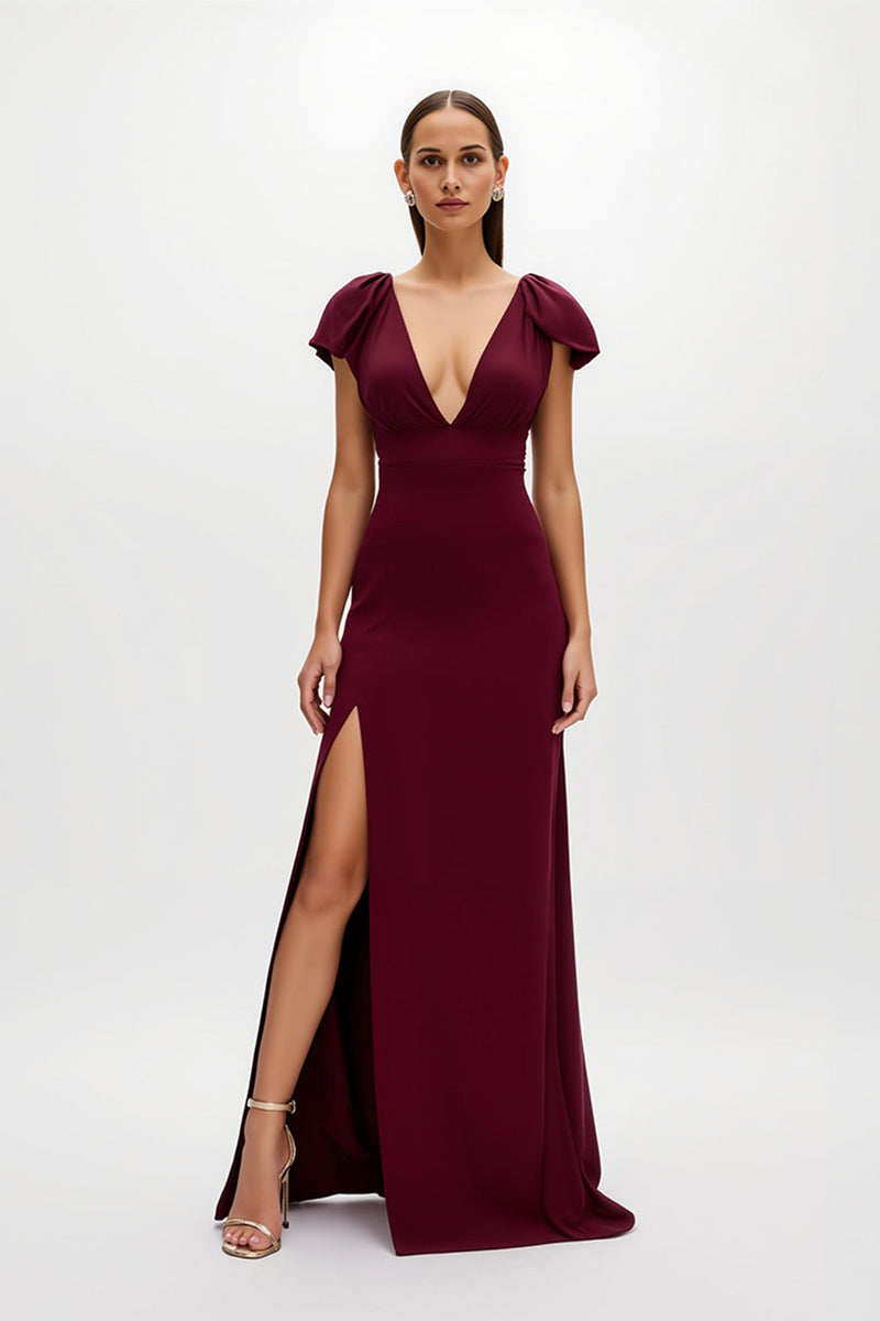 Laden Sie das Bild in den Galerie-Viewer, Burgunderrot Sheath V-Ausschnitt Lang Feiertagsparty Kleid mit Schlitz