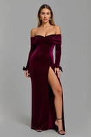 Laden Sie das Bild in den Galerie-Viewer, Burgunderrot Schulterfreie Langarm Feiertags Party Kleid mit Schlitz