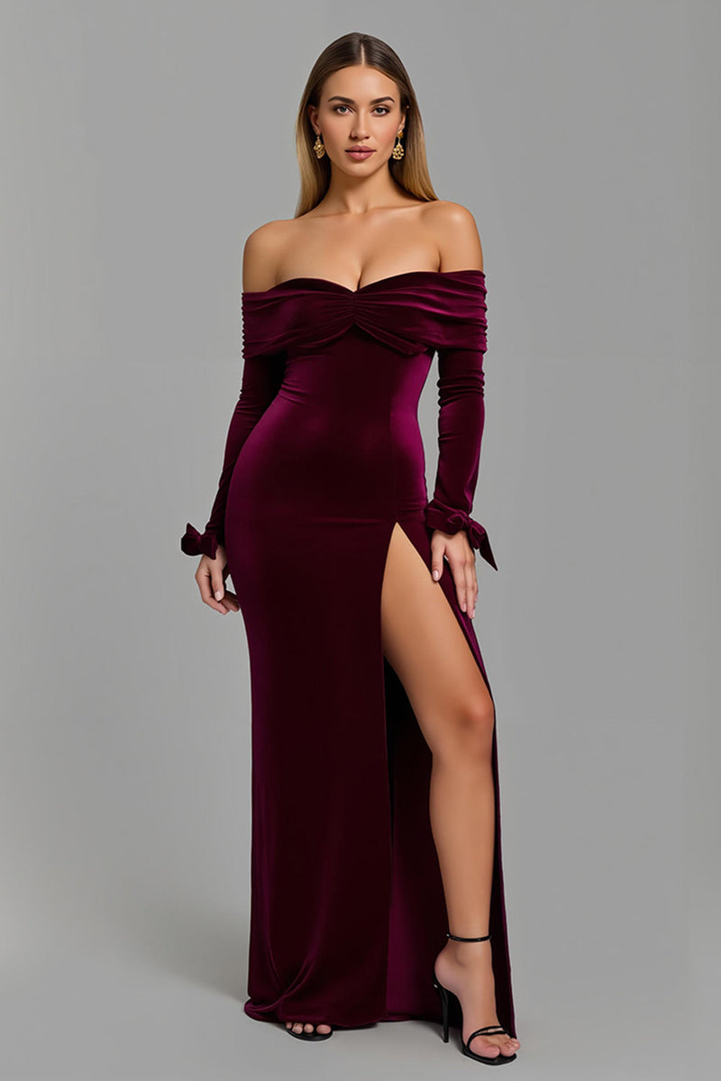 Laden Sie das Bild in den Galerie-Viewer, Burgunderrot Schulterfreie Langarm Feiertags Party Kleid mit Schlitz
